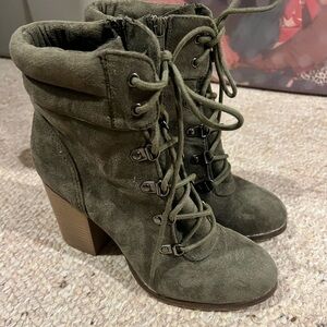 Olive green suede lace up bootie